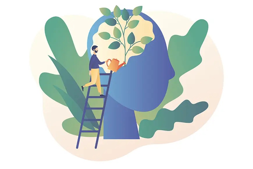 مردی در حال بالا رفتن از نردبان که به یک سر انسان می رسد-خودآگاهی چیست