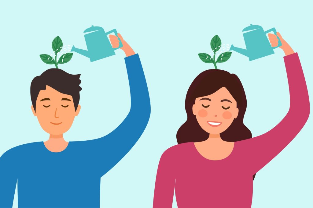 یک مرد و زن که گلدان و آبپاش روی سر دارند-self-compassion