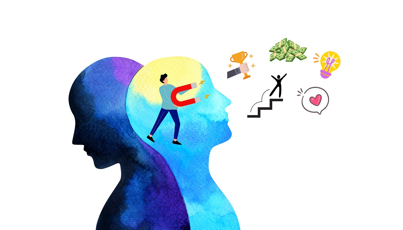 سایه سر دو انسان در کنار هم و آهنربا برای جذب خواست-manifastation